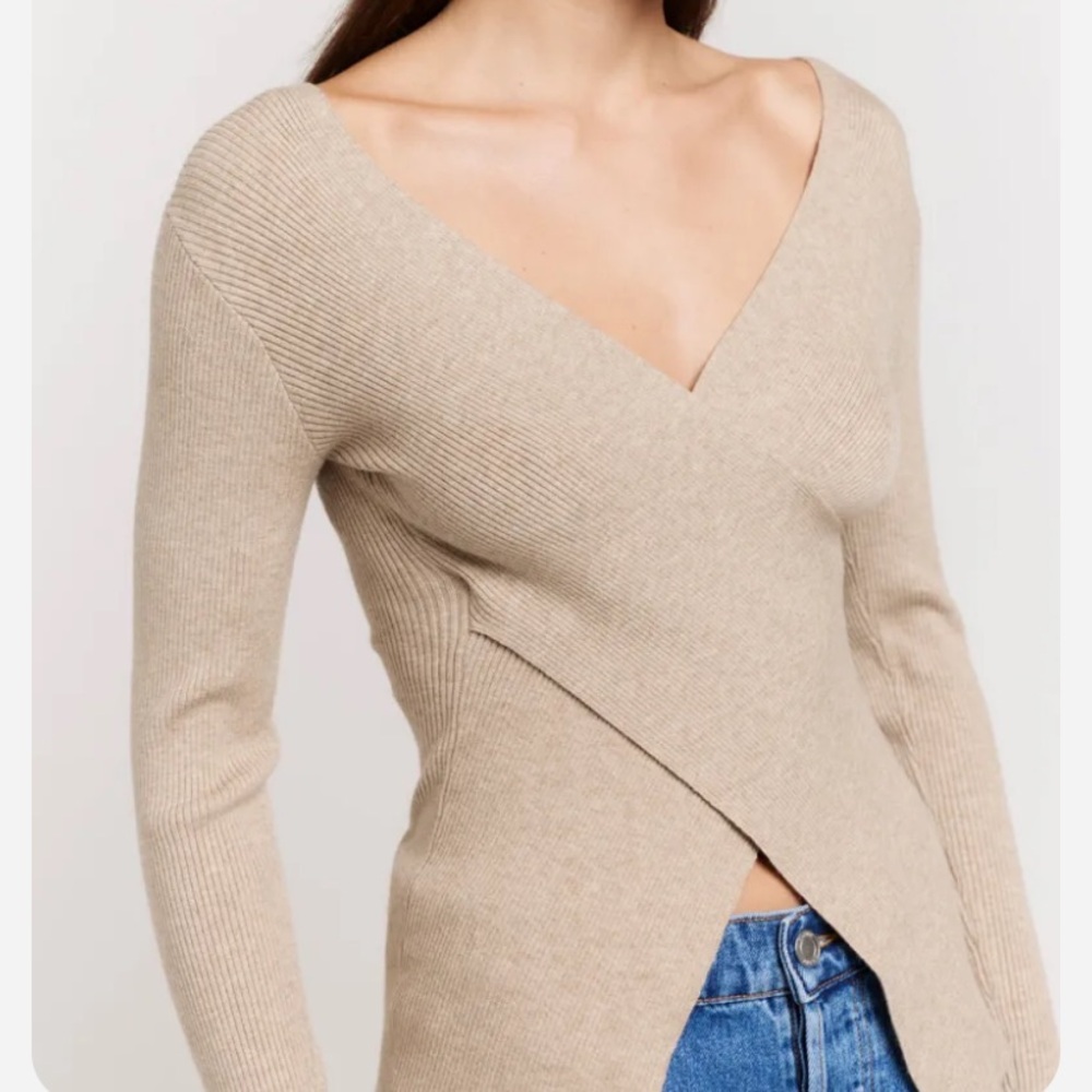 Henne Edie Tan V-Neck Sweater with Wrap Design